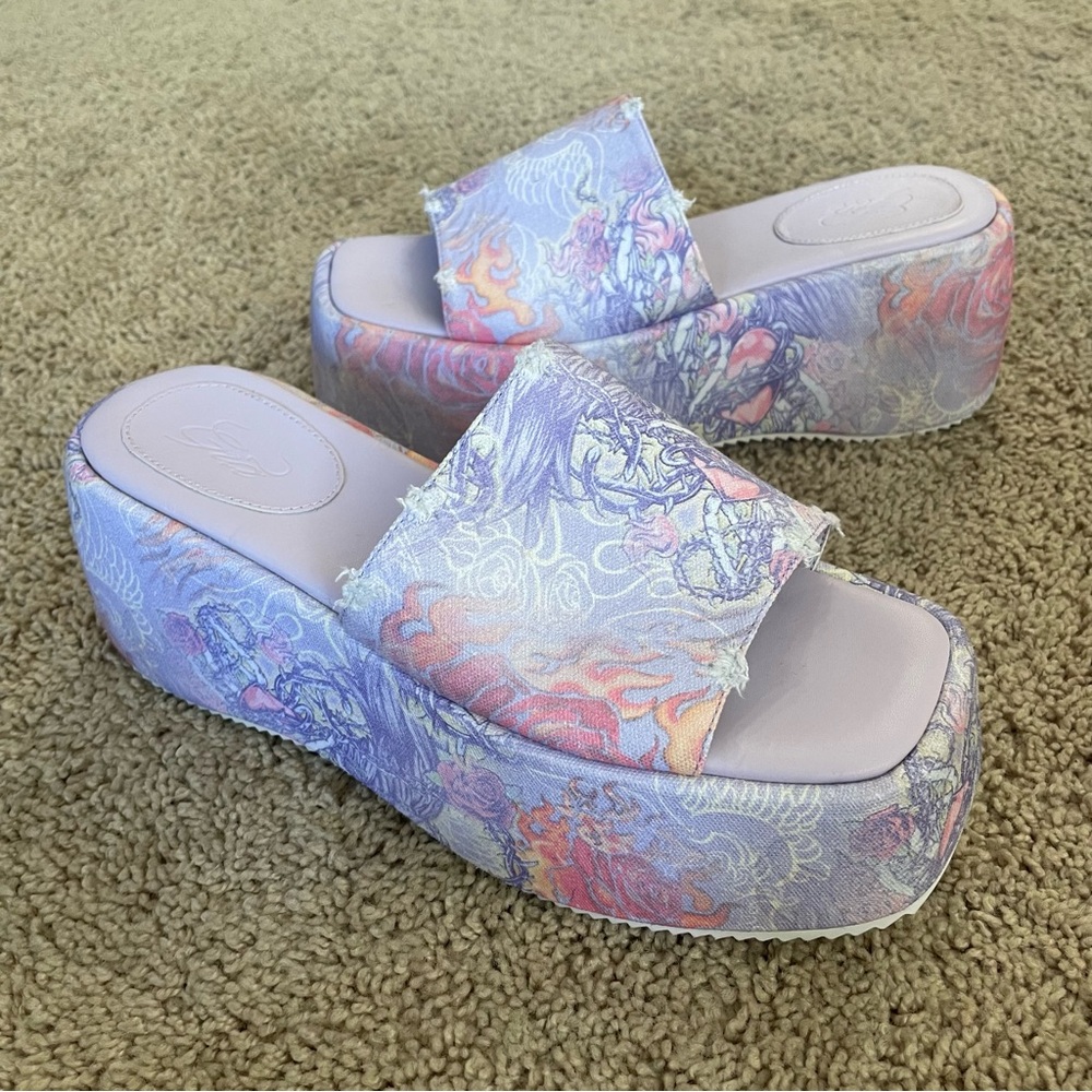 I.AM.GIA. Ila Slides Platforms Purple Newport Tattoo Print Size 9